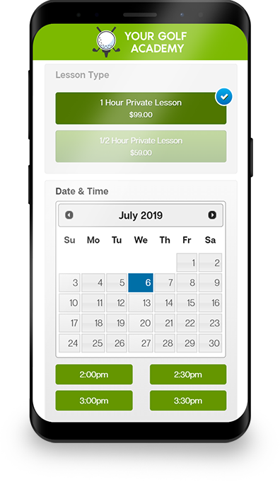 Photo of RangePro's lessons booking page on a mobile phone